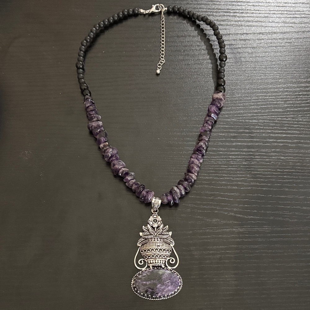 Genuine Amethyst Chip Necklace with Ornate 925 and Charoite Stone Pendant